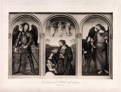 Saint Mary (the Blessed Virgin) with the Christ Child, Saint Michael and Raphael with Tobias. Photogravure after P. Vannucci, il Perugino.