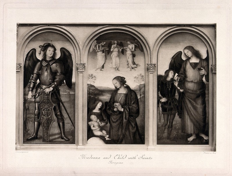 Saint Mary (the Blessed Virgin) with the Christ Child, Saint Michael and Raphael with Tobias. Photogravure after P. Vannucci, il Perugino., 1800-1899, by Pietro Perugino