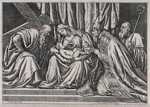 view Saint Mary (the Blessed Virgin) with the Christ Child, Saint Andrew the Apostle, Saint Titian of Oderzo, the painter Titian. Etching by V. Lefebvre after Titian.