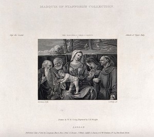 view Saint Mary (the Blessed Virgin) with the Christ Child, Saint Jerome, Saint Peter the Apostle, Saint Clare and Saint Francis of Assisi. Engraving by J.H. Wright, 1816, after W.M. Craig after L. Lotto.