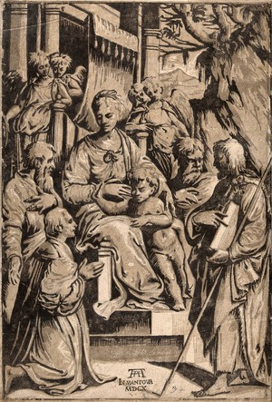 view Saint Mary (the Blessed Virgin) with the Christ Child, Saint Charles Borromeo, Saint Andrew the Apostle, an unidentified male saint, Saint John the Baptist and angels. Chiaroscuro woodcut by A. Andreani.