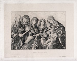 view Saint Mary (the Blessed Virgin) with the Christ Child, Saint Paul the Apostle, Saint George, two women saints and a donor. Engraving by F. Gaillard after G. Bellini.