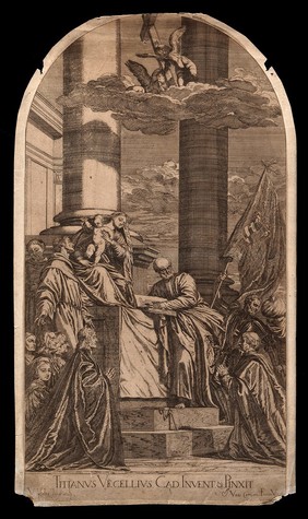 Saint Mary (the Blessed Virgin) with the Christ Child, Saint Francis of Assisi, Saint Antony of Padua, Saint Peter the Apostle, Saint George, Saint Charles Borromeo and other figures. Etching by V. Lefebvre after Titian.