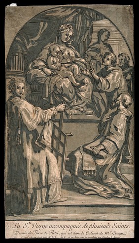 Saint Mary (the Blessed Virgin) with the Christ Child, Saint Laurence and other figures. Colour etching by A.-C.-P. de Tubières, Comte de Caylus, and woodcut by N. Le Sueur after P. de Pietri.