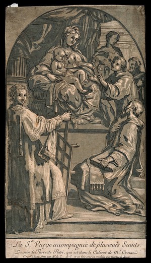 view Saint Mary (the Blessed Virgin) with the Christ Child, Saint Laurence and other figures. Colour etching by A.-C.-P. de Tubières, Comte de Caylus, and woodcut by N. Le Sueur after P. de Pietri.