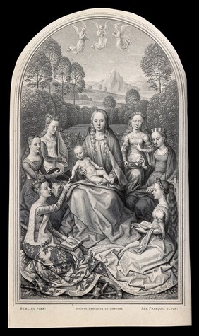 Saint Mary (the Blessed Virgin) with the Christ Child, Saint Catherine of Alexandria, Saint Agnes, Saint Cecilia, Saint Lucy, Saint Margaret of Antioch and Saint Barbara. Engraving by A. François, 1873, after H. Memlinc.