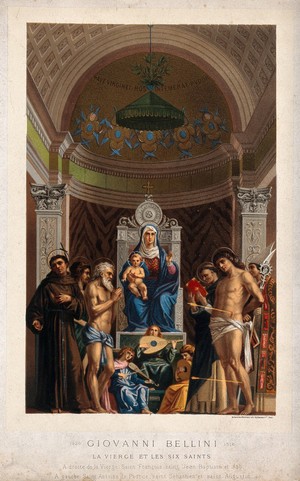 view Saint Mary (the Blessed Virgin) with the Christ Child, Saint Francis of Assisi, Saint Job, Saint John the Baptist, Saint Antony of Padua, Saint Augustine of Hippo and Saint Sebastian. Colour lithograph after G. Bellini.