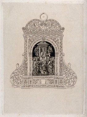 A pax-board (osculatory), containing sculptures of Saint Mary (the Blessed Virgin) with the Christ Child, and saints. Engraving by W. Ottley after M. Finiguerra.