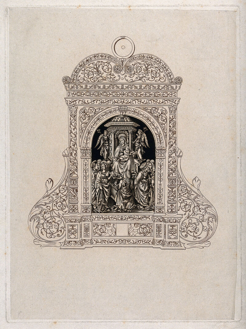 A pax-board (osculatory), containing sculptures of Saint Mary (the Blessed Virgin) with the Christ Child, and saints. Engraving by W. Ottley after M. Finiguerra., 1828, by Maso Finiguerra
