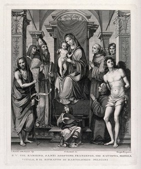 Saint Mary (the Blessed Virgin) with the Christ Child, Saint John the Baptist, Saint Augustine of Hippo, Saint Monica, Saint Francis of Assisi, Saint George, a donor, and Saint Sebastian. Engraving by G. Rosaspina after G. Guizzardi after F. Francia [Francesco di Marco Raibolini].