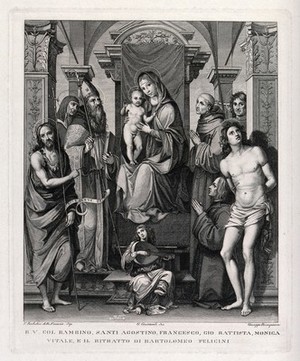 view Saint Mary (the Blessed Virgin) with the Christ Child, Saint John the Baptist, Saint Augustine of Hippo, Saint Monica, Saint Francis of Assisi, Saint George, a donor, and Saint Sebastian. Engraving by G. Rosaspina after G. Guizzardi after F. Francia [Francesco di Marco Raibolini].