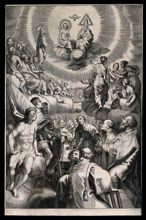 view The Holy Trinity with saints. Engraving, 16--.