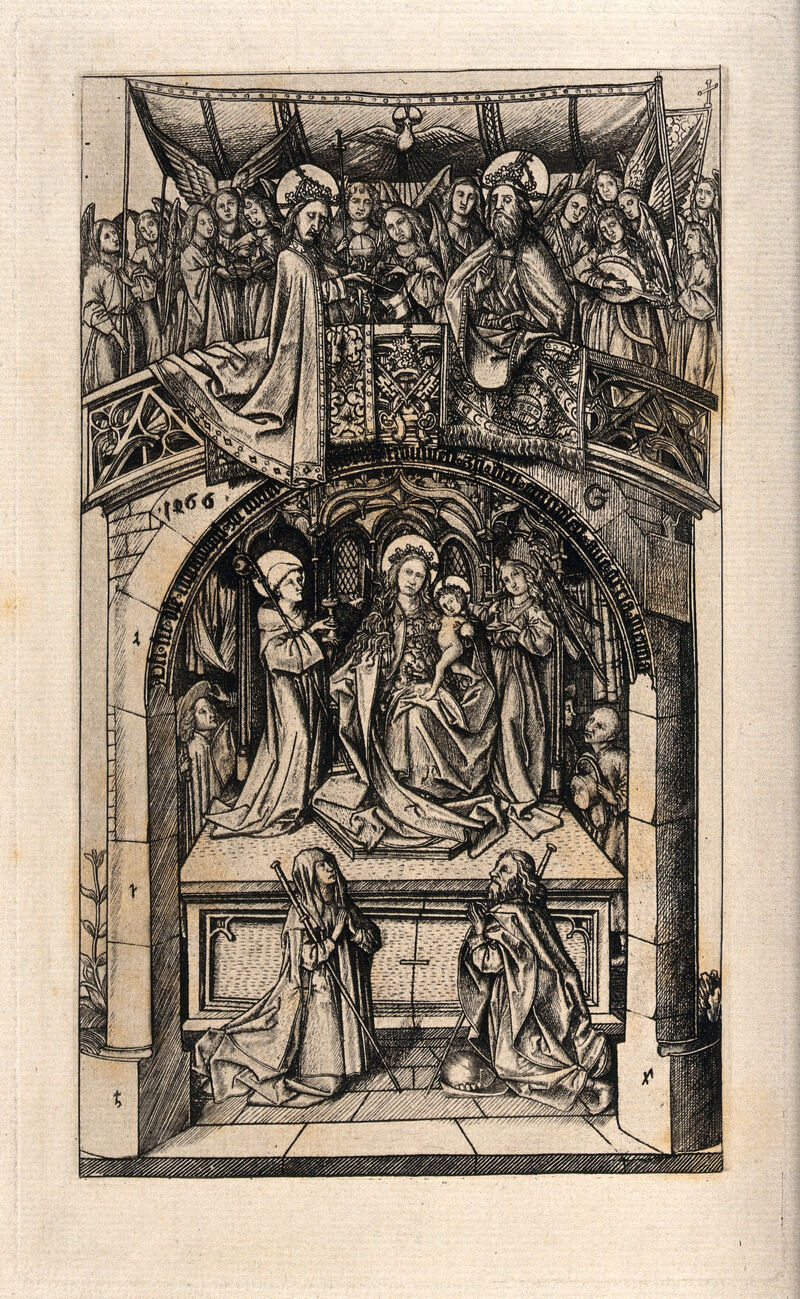 The Holy Trinity and Saint Mary (as the Blessed Virgin of Einsiedeln) with the Christ Child, Saint Meinrad and pilgrims. Photoengraving after the Master E.S., 1466., by Master E. S.