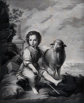 The Christ Child as the Good Shepherd. Lithograph by J. Abriat after B.E. Murillo.