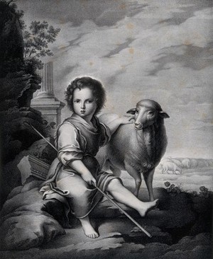 view The Christ Child as the Good Shepherd. Lithograph by J. Abriat after B.E. Murillo.