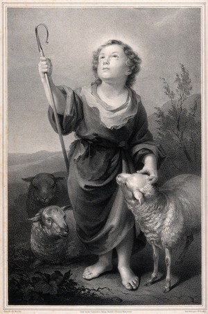 view The Christ Child as the Good Shepherd. Lithograph by R. Leiter after T. Kammerer after B.E. Murillo.