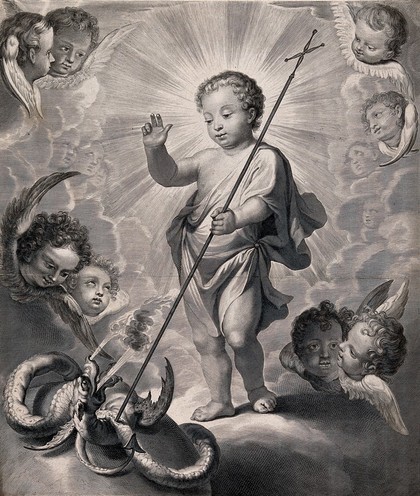 The Christ Child triumphing over the devil. Engraving by G. Edelinck after D. Hallé.