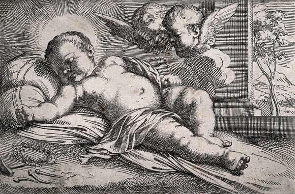 The Christ Child and angels with the instruments of the Passion. Etching after G. Reni.