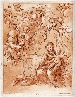 Saint Mary (the Blessed Virgin) with the Christ Child and a vision of the instruments of the Passion. Coloured etching by J. Adam after A.D. Gabbiani.