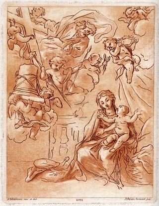 Saint Mary (the Blessed Virgin) with the Christ Child and a vision of the instruments of the Passion. Coloured etching by J. Adam after A.D. Gabbiani.