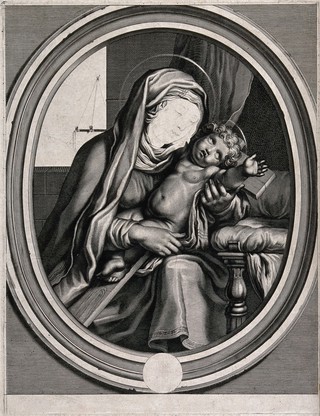 Saint Mary (the Blessed Virgin) with the Christ Child lying on the cross. Unfinished engraving after J. Gossaert (Mabuse) (?).