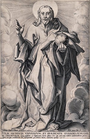 view Christ as Salvator Mundi. Line engraving by J. de Gheyn after K. van Mander I.