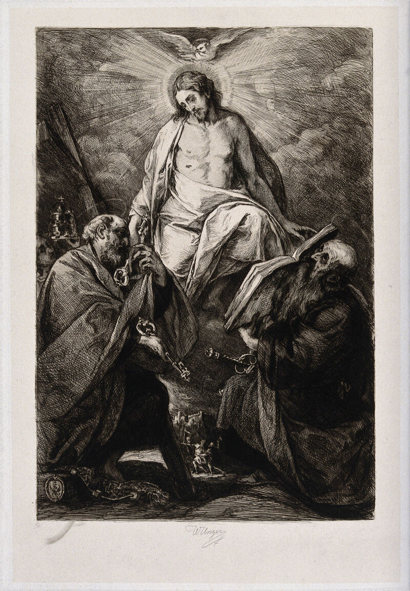 Christ with the Holy Ghost, Saint Peter the Apostle and Saint Paul the Apostle. Etching by W. Unger after G.B. Crespi., by Giovanni Battista Crespi