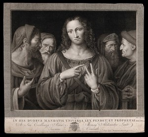 view Christ among the doctors. Engraving by P. Ghigi after G. Magnani after B. Luini.