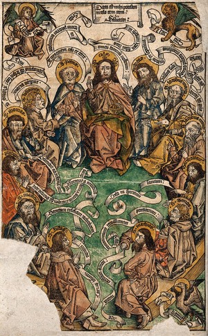 view Christ as Salvator Mundi with the apostles. Coloured woodcut.