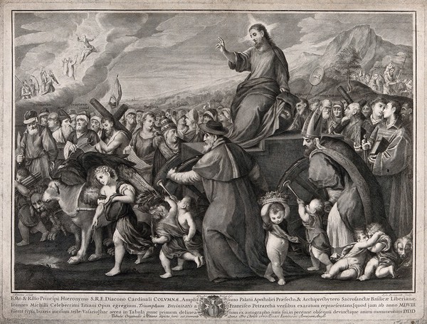 Christ on a triumphal chariot with saints, martyrs, sibyls and other figures; representing the triumph of faith (?). Engraving by S. Pomarede after G.A. Buti after Bonifacio de' Pitati.