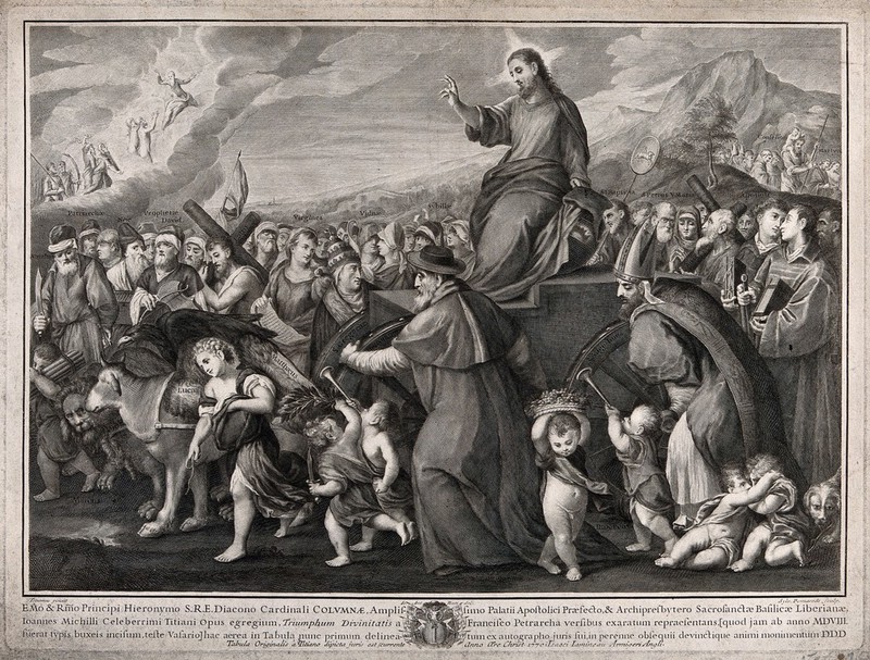Christ on a triumphal chariot with saints, martyrs, sibyls and other figures; representing the triumph of faith (?). Engraving by S. Pomarede after G.A. Buti after Bonifacio de' Pitati., 1770, by Bonifazio Veronese