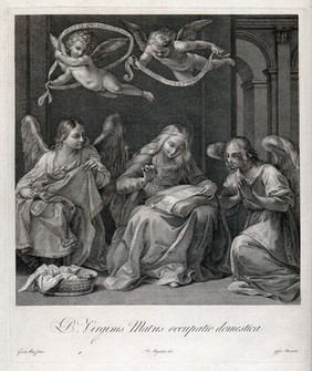 Saint Mary (the Blessed Virgin) with angels: she is sewing. Engraving by G. Ottaviani after P. Angeletti after G. Reni.