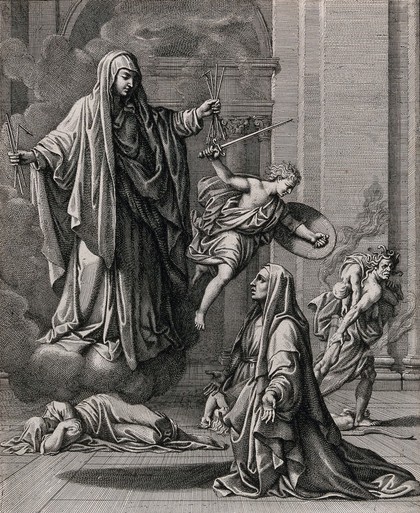 Saint Mary (the Blessed Virgin of the Seven Sorrows) appearing to Saint Francesca Romana. Etching by G. Audran after N. Poussin.