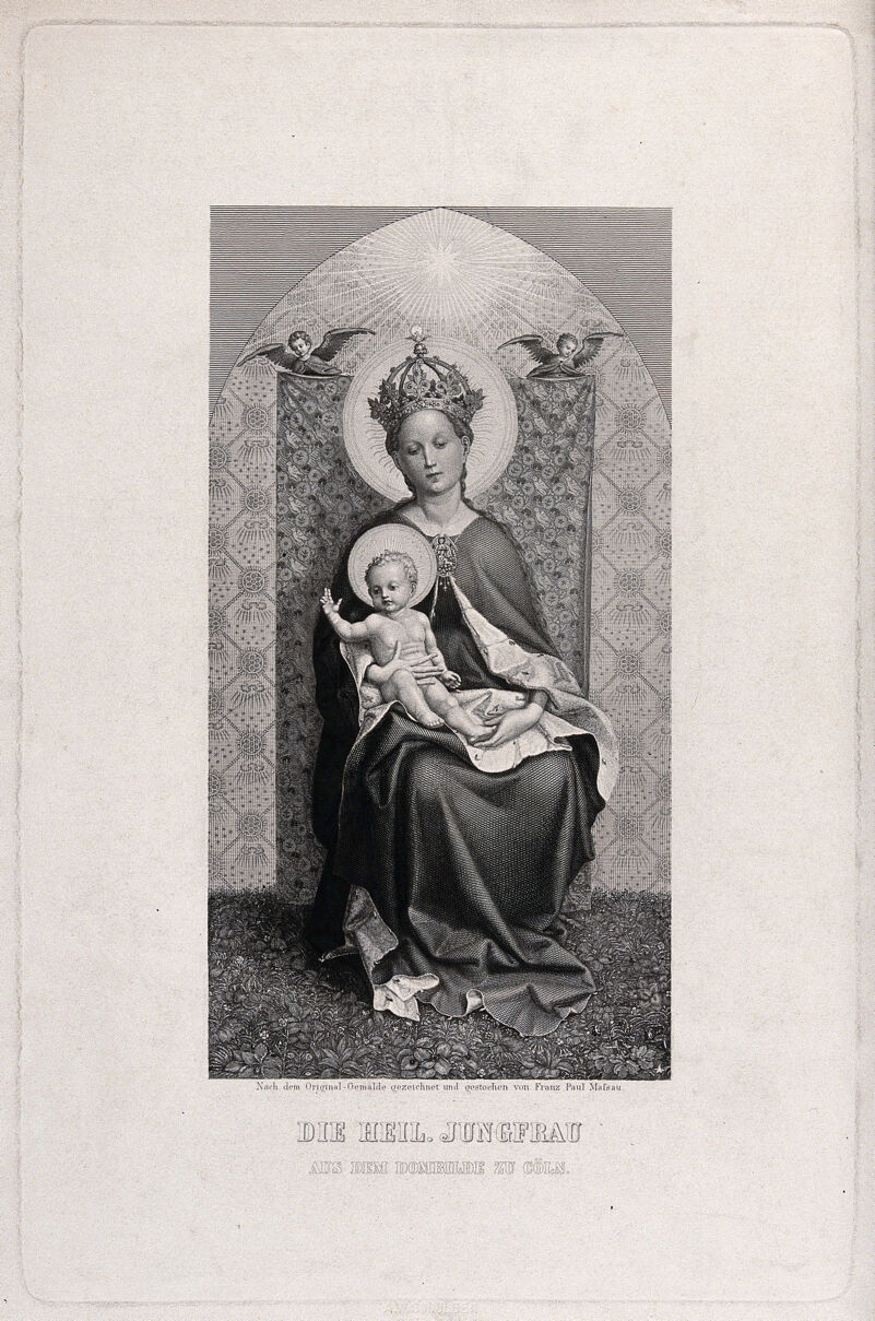 Saint Mary (the Blessed Virgin) with the Christ Child. Engraving by F.P. Massau after S. Lochner., 1800-1899, by Stefan Lochner
