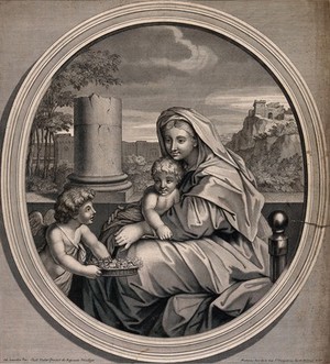 view Saint Mary (the Blessed Virgin) with the Christ Child and an angel. Engraving by G. Vallet after S. Bourdon.