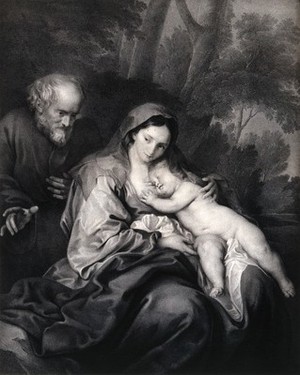 view Saint Mary (the Blessed Virgin) and Saint Joseph with the Christ Child. Lithograph by F. Piloty after Sir A. van Dyck.