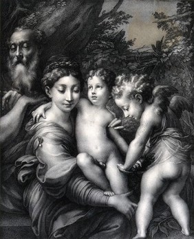 Saint Mary (the Blessed Virgin) and Saint Joseph with the Christ Child and an angel. Lithograph by P. Guglielmi after G.F.M. Mazzola, il Parmigianino.