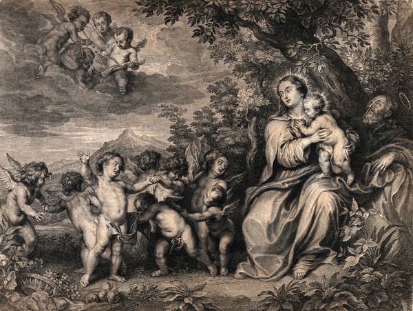 Saint Mary (the Blessed Virgin) and Saint Joseph with the Christ Child, Saint John the Baptist and angels. Engraving by S.A. Bolswert after Sir A. van Dyck.