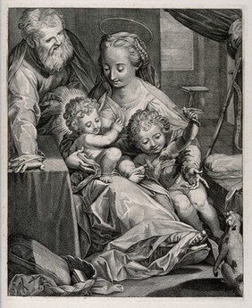 Saint Mary (the Blessed Virgin) and Saint Joseph with the Christ Child and Saint John the Baptist. Line engraving after F. Barocci.