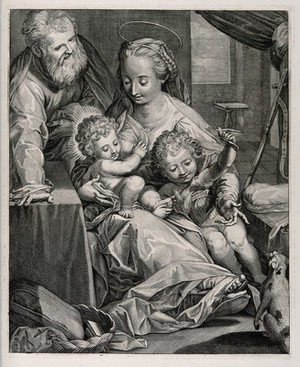 view Saint Mary (the Blessed Virgin) and Saint Joseph with the Christ Child and Saint John the Baptist. Line engraving after F. Barocci.