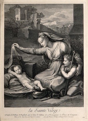 view Saint Mary (the Blessed Virgin) with the Christ Child and Saint John the Baptist. Engraving by F. de Poilly and C.L. Simonneau after Raphael.