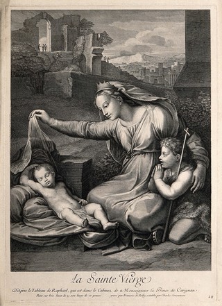 Saint Mary (the Blessed Virgin) with the Christ Child and Saint John the Baptist. Engraving by F. de Poilly and C.L. Simonneau after Raphael.