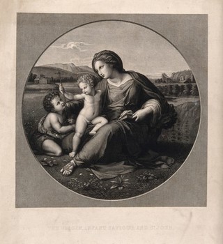 Saint Mary (the Blessed Virgin) with the Christ Child and Saint John the Baptist. Engraving after A.G.L. Desnoyers after Raphael.