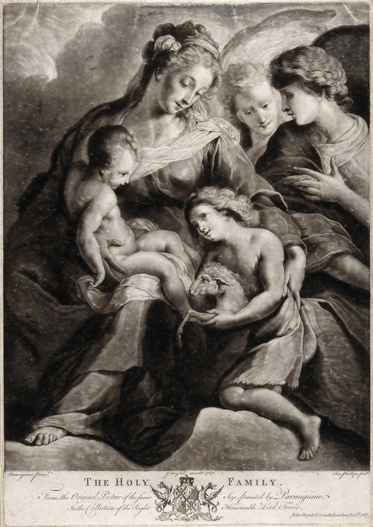 Saint Mary (the Blessed Virgin) with the Christ Child, Saint John the Baptist and angels. Mezzotint by C. Phillips, 1767, after G.C. Procaccini., Oct.r 1st 1767, by Giulio Cesare Procaccini
