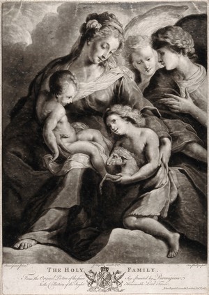 view Saint Mary (the Blessed Virgin) with the Christ Child, Saint John the Baptist and angels. Mezzotint by C. Phillips, 1767, after G.C. Procaccini.