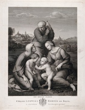 Saint Mary (the Blessed Virgin) and Saint Joseph with the Christ Child, Saint John the Baptist and Saint Elisabeth. Engraving by S. Amsler, 1836, after Raphael.