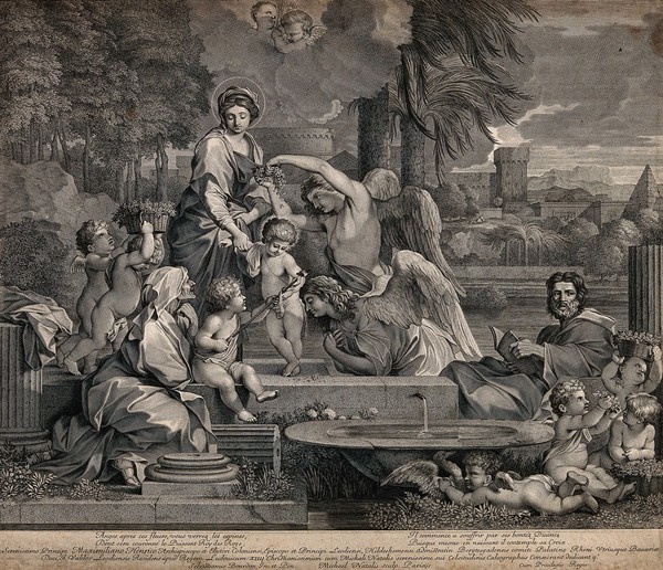 Saint Mary (the Blessed Virgin) and Saint Joseph withh the Christ Child, Saint John the Baptist, Saint Elisabeth and angels. Engraving by M.N. Natalis after S. Bourdon.