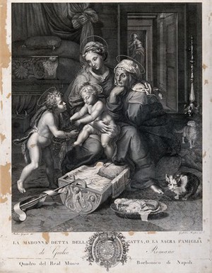 view Saint Mary (the Blessed Virgin) and Saint Joseph with the Christ Child, Saint John the Baptist and Saint Elizabeth. Engraving by P. Guglielmi and R. Morghen after P. Girgenti after Giulio Romano.