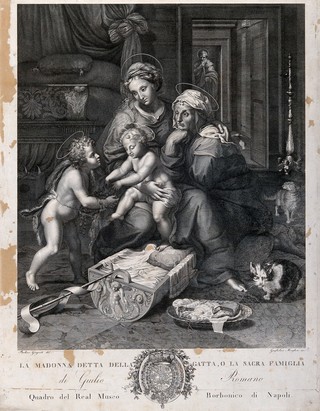Saint Mary (the Blessed Virgin) and Saint Joseph with the Christ Child, Saint John the Baptist and Saint Elizabeth. Engraving by P. Guglielmi and R. Morghen after P. Girgenti after Giulio Romano.