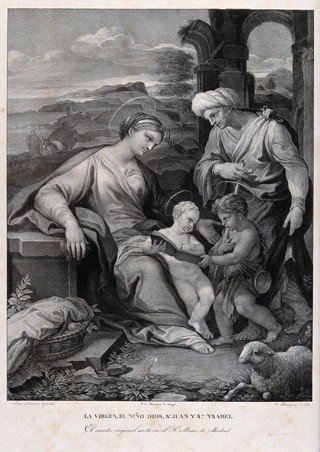 Saint Mary (the Blessed Virgin) with the Christ Child, Saint John the Baptist and Saint Elisabeth. Lithograph by C. Rodriguez after L. Giordano.